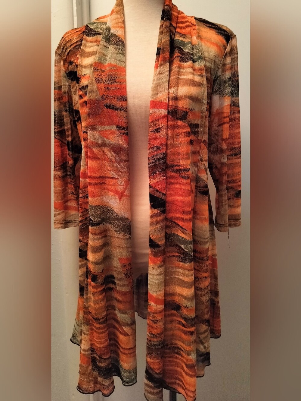 Lightweight Women’s Open-Front Patterned Cardigan - Orange Multi, Size S.
